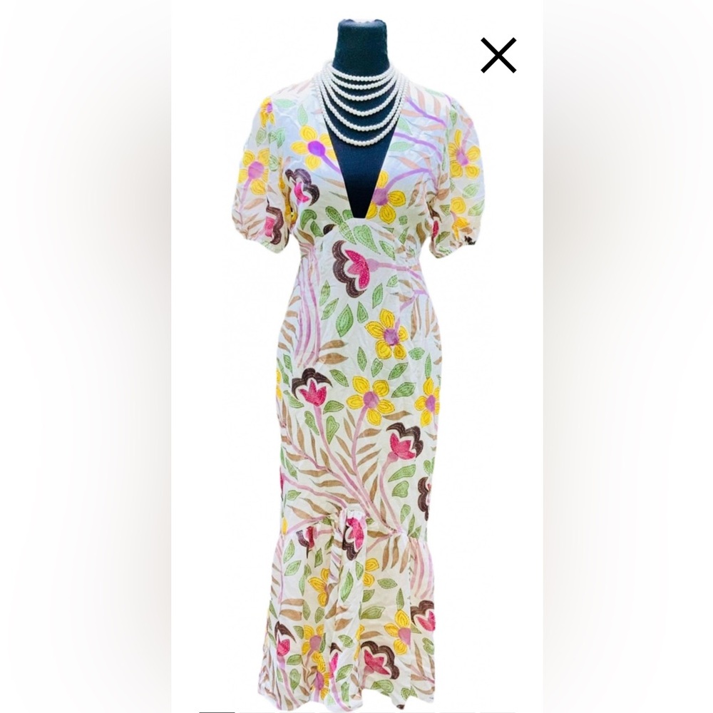 RHODE Multicolor Floral Print V neck Puff Sleeve Midi Sundress